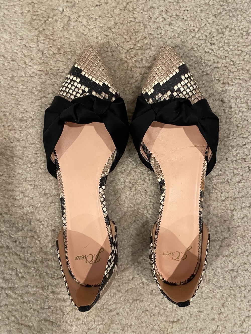 J.Crew Pointed Snake-Print D'Orsay Flats with Black Bow
